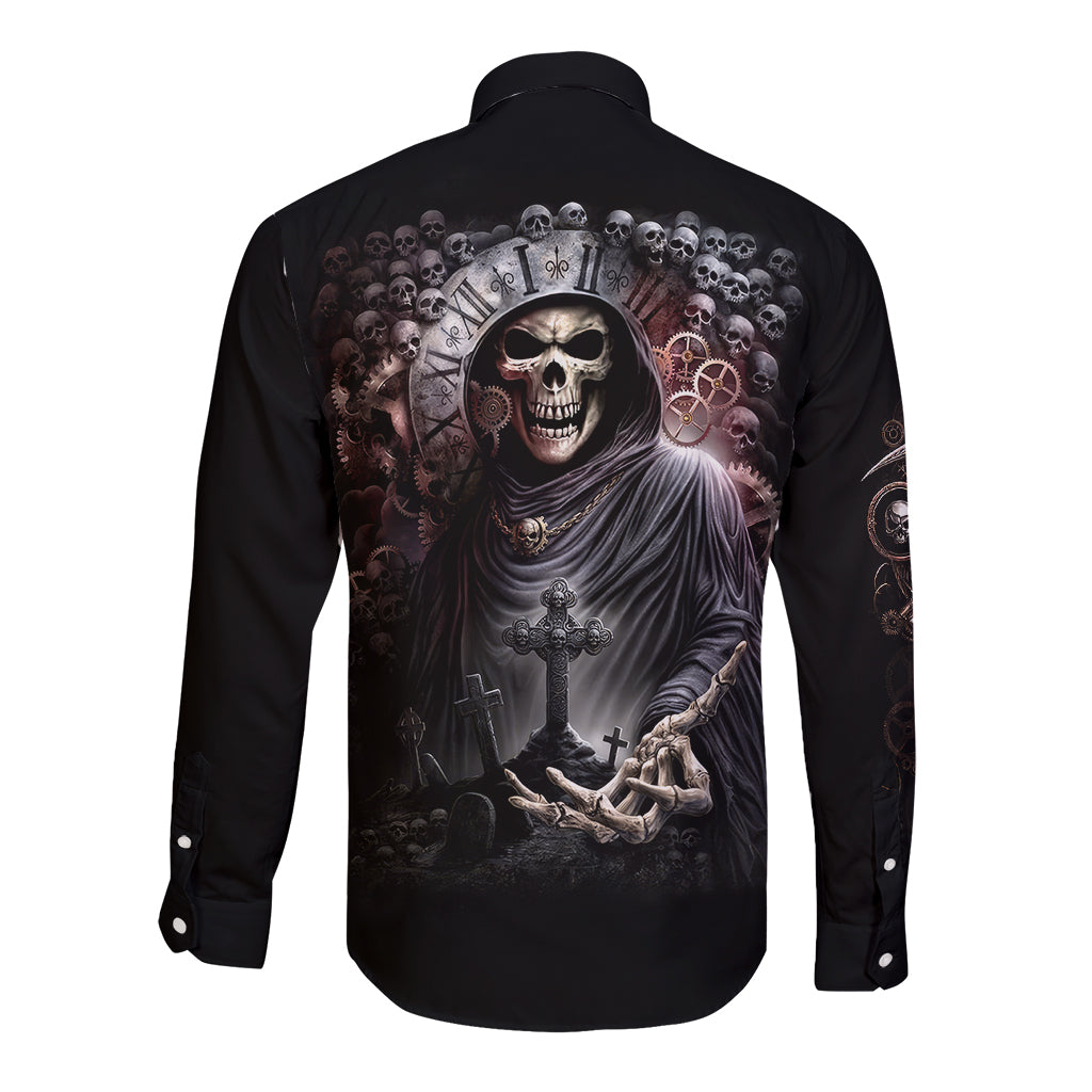 Skull Long Sleeve Button Shirt Skull Grim Time Reaper - Wonder Print Shop