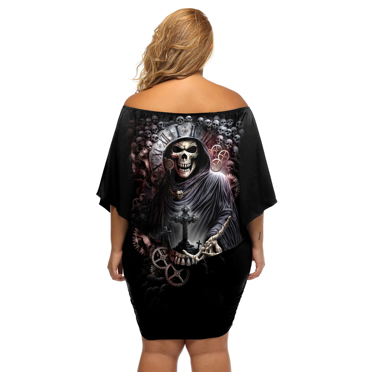 Skull Off Shoulder Short Dress Skull Grim Time Reaper - Wonder Print Shop