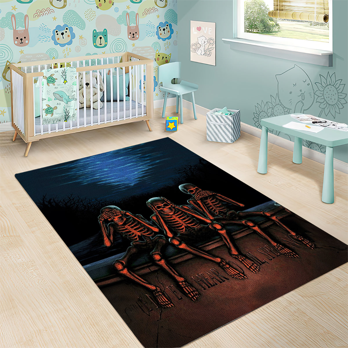 Skull Area Rug Three Skeleton No See No Speak No Hear - Wonder Print Shop