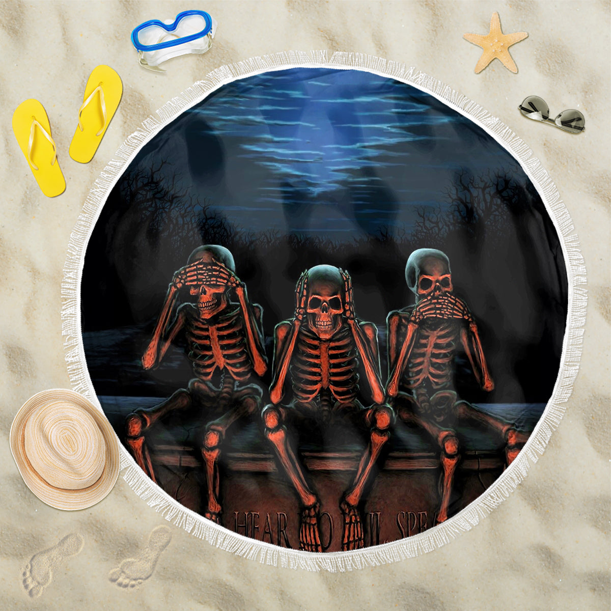 Skull Beach Blanket Three Skeleton No See No Speak No Hear - Wonder Print Shop