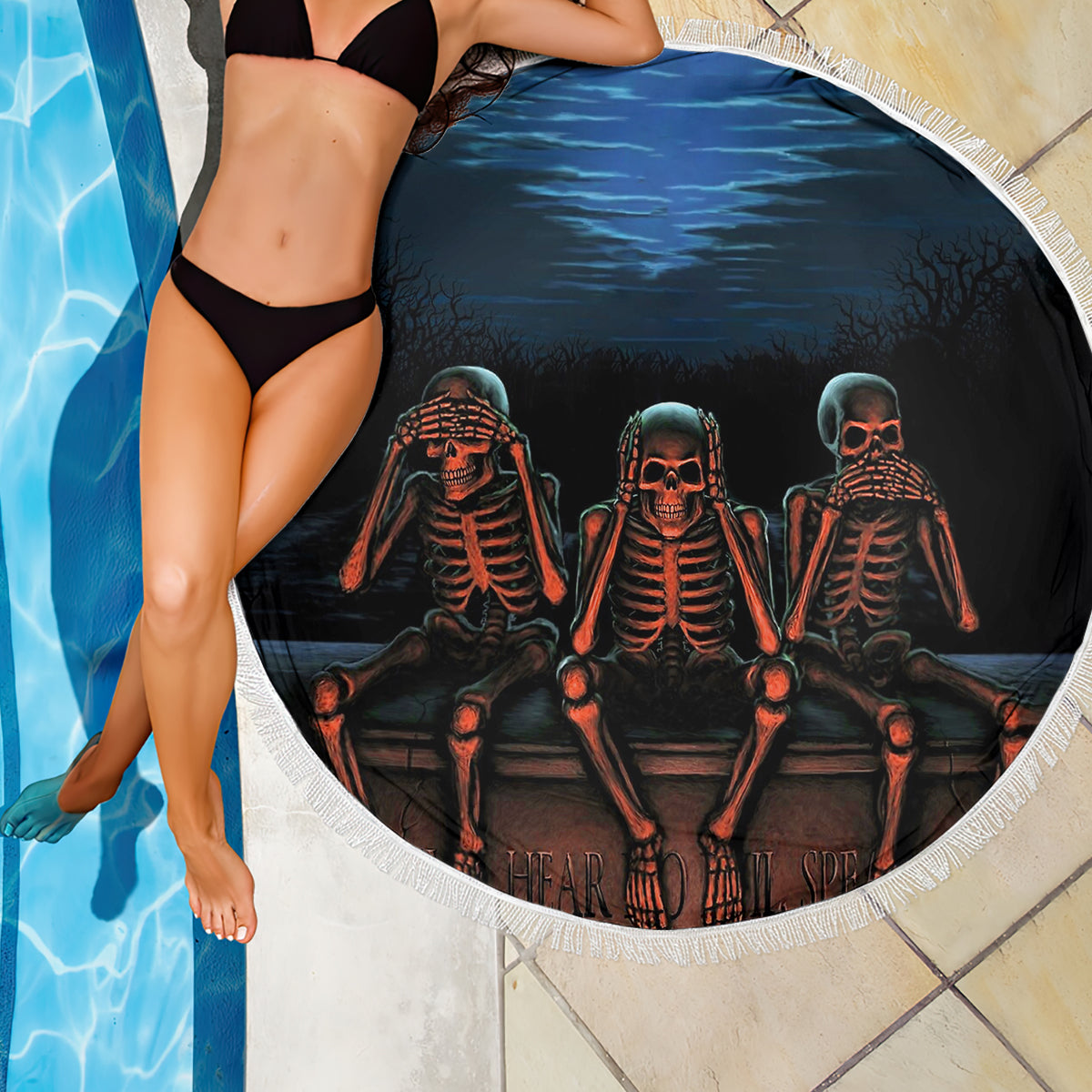 Skull Beach Blanket Three Skeleton No See No Speak No Hear - Wonder Print Shop