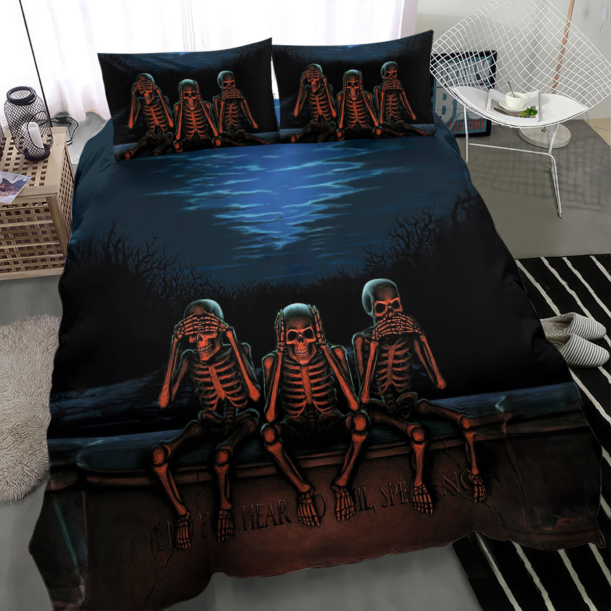 Skull Bedding Set Three Skeleton No See No Speak No Hear - Wonder Print Shop