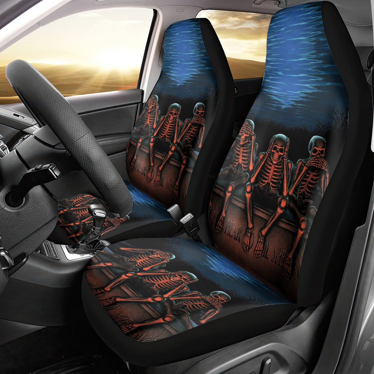 Skull Car Seat Cover Three Skeleton No See No Speak No Hear - Wonder Print Shop