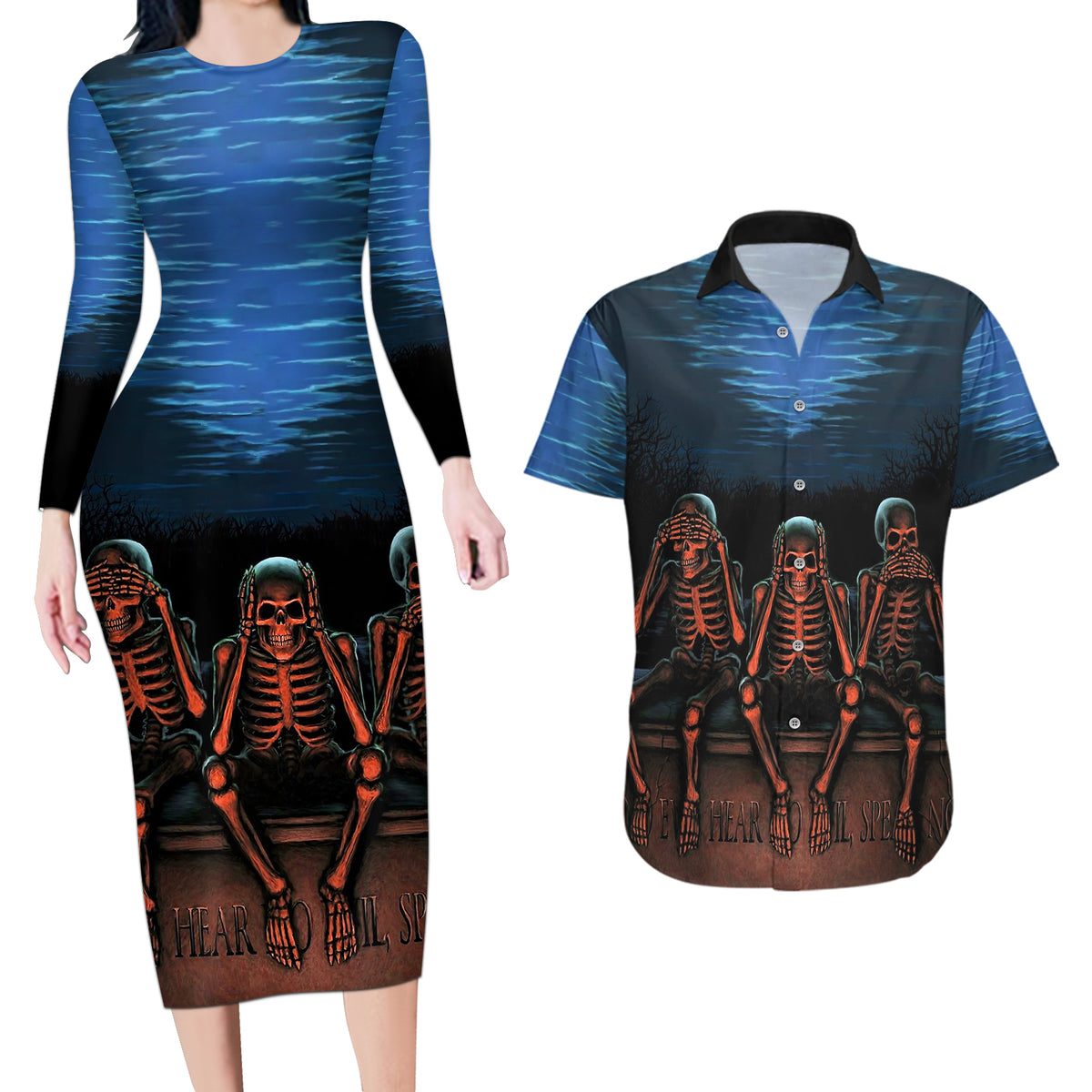 Skull Couples Matching Long Sleeve Bodycon Dress and Hawaiian Shirt Three Skeleton No See No Speak No Hear - Wonder Print Shop