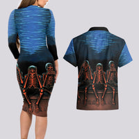 Skull Couples Matching Long Sleeve Bodycon Dress and Hawaiian Shirt Three Skeleton No See No Speak No Hear - Wonder Print Shop