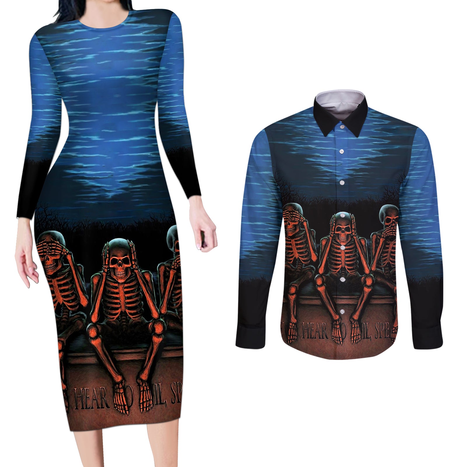 Skull Couples Matching Long Sleeve Bodycon Dress and Long Sleeve Button Shirts Three Skeleton No See No Speak No Hear - Wonder Print Shop