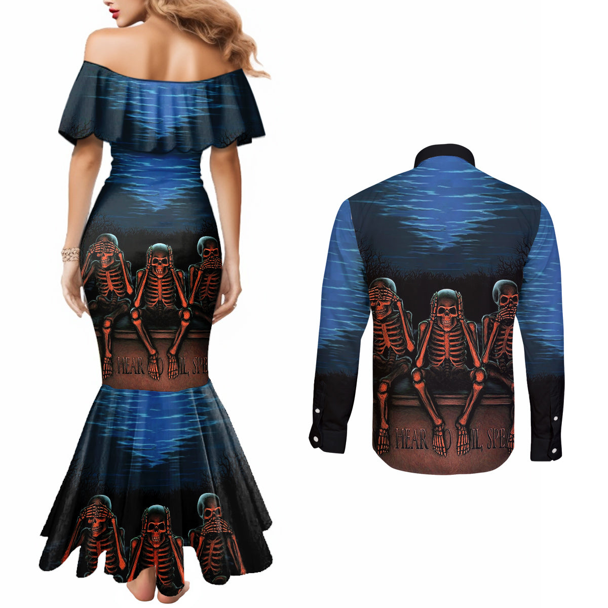 skull-couples-matching-mermaid-dress-and-long-sleeve-button-shirts-three-skeleton-no-see-no-speak-no-hear