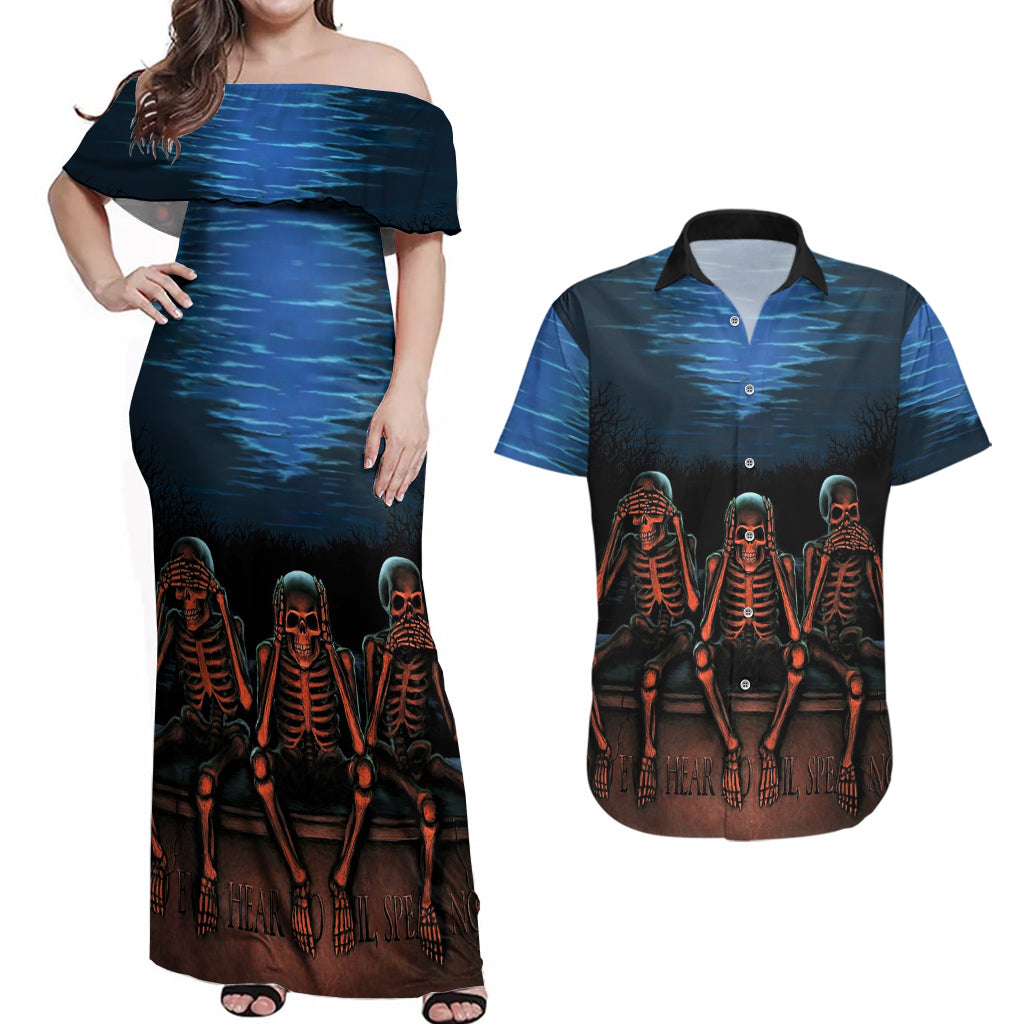Skull Couples Matching Off Shoulder Maxi Dress and Hawaiian Shirt Three Skeleton No See No Speak No Hear - Wonder Print Shop