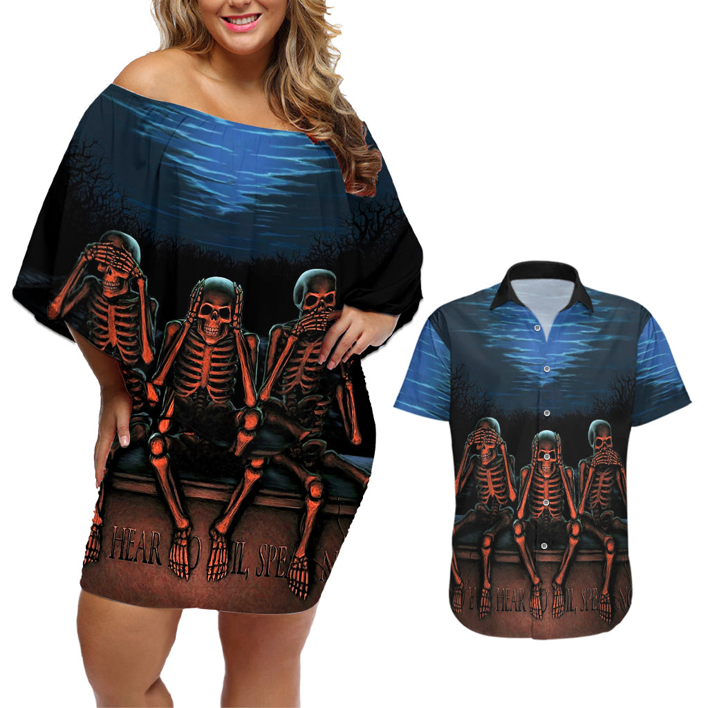 Skull Couples Matching Off Shoulder Short Dress and Hawaiian Shirt Three Skeleton No See No Speak No Hear - Wonder Print Shop