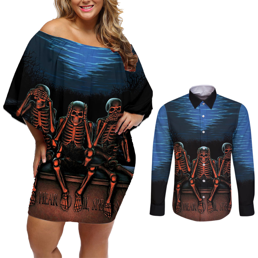 Skull Couples Matching Off Shoulder Short Dress and Long Sleeve Button Shirts Three Skeleton No See No Speak No Hear - Wonder Print Shop