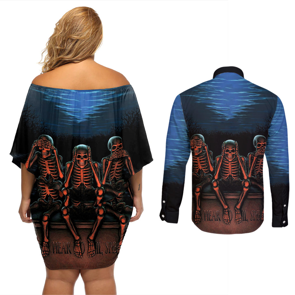 Skull Couples Matching Off Shoulder Short Dress and Long Sleeve Button Shirts Three Skeleton No See No Speak No Hear - Wonder Print Shop