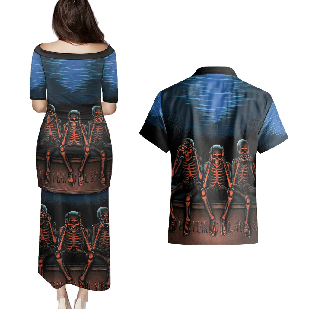 Skull Couples Matching Puletasi Dress and Hawaiian Shirt Three Skeleton No See No Speak No Hear - Wonder Print Shop