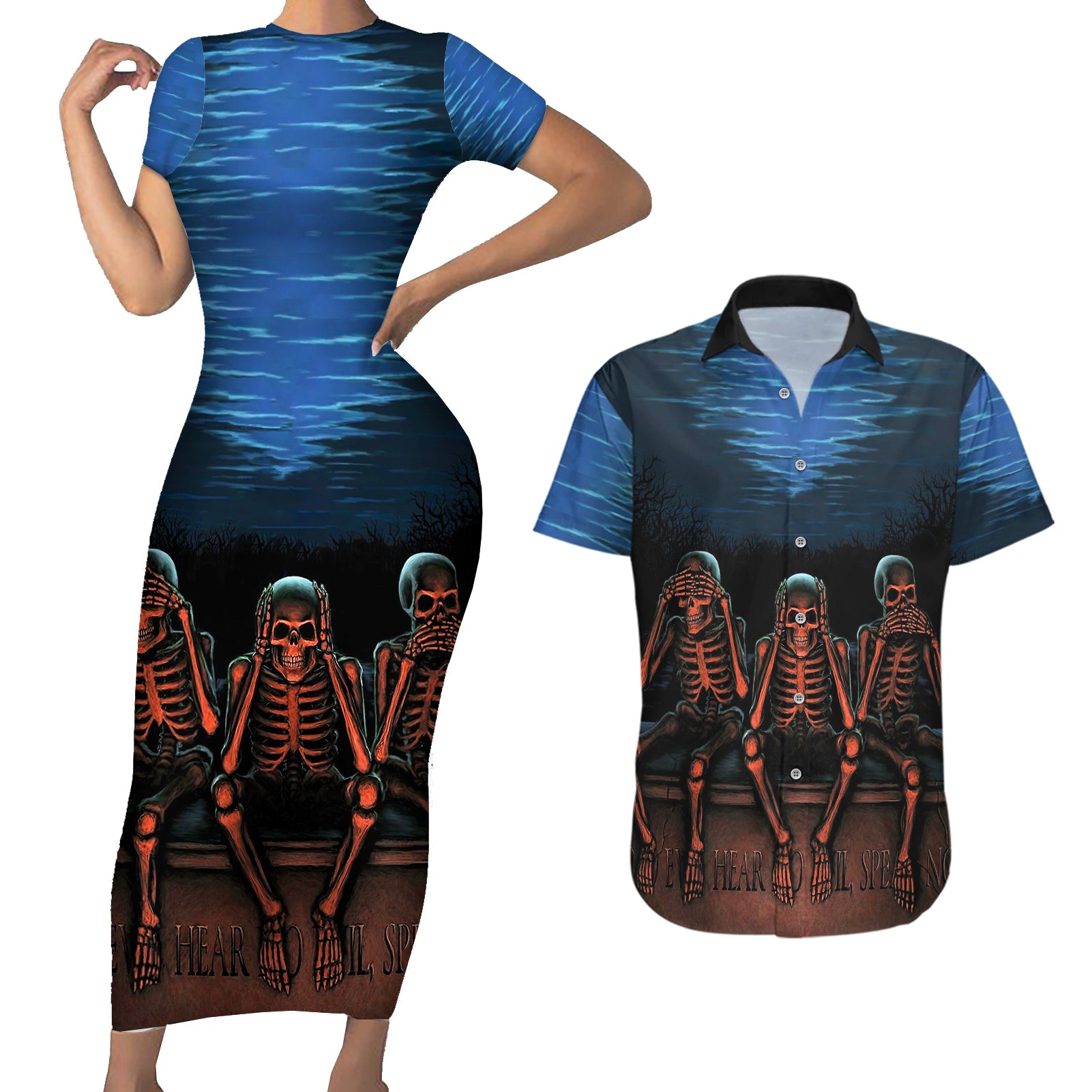 Skull Couples Matching Short Sleeve Bodycon Dress and Hawaiian Shirt Three Skeleton No See No Speak No Hear - Wonder Print Shop