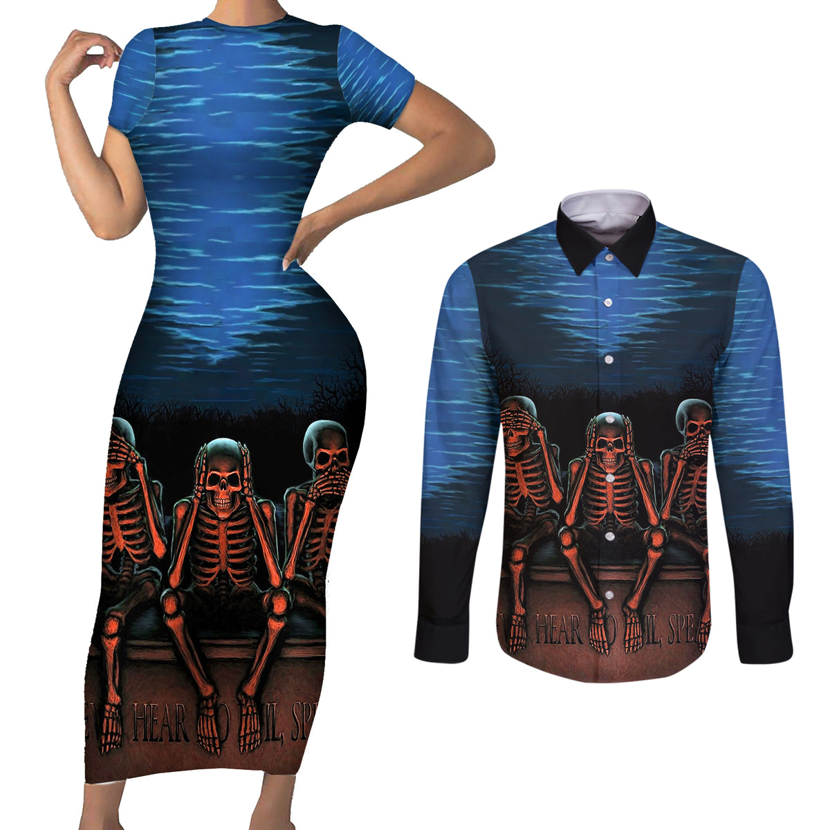 Skull Couples Matching Short Sleeve Bodycon Dress and Long Sleeve Button Shirts Three Skeleton No See No Speak No Hear - Wonder Print Shop