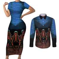 Skull Couples Matching Short Sleeve Bodycon Dress and Long Sleeve Button Shirts Three Skeleton No See No Speak No Hear - Wonder Print Shop