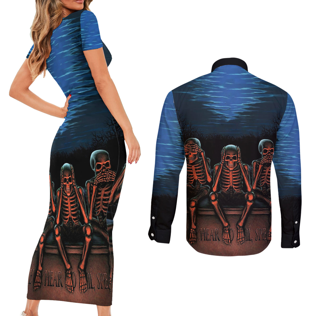 Skull Couples Matching Short Sleeve Bodycon Dress and Long Sleeve Button Shirts Three Skeleton No See No Speak No Hear - Wonder Print Shop