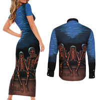 Skull Couples Matching Short Sleeve Bodycon Dress and Long Sleeve Button Shirts Three Skeleton No See No Speak No Hear - Wonder Print Shop