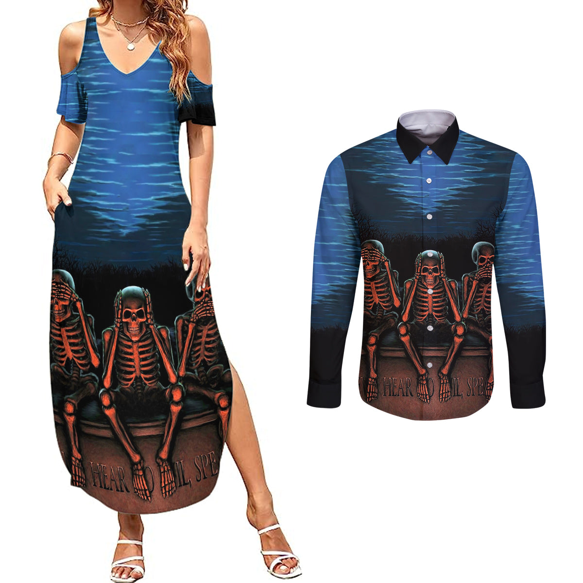 Skull Couples Matching Summer Maxi Dress and Long Sleeve Button Shirts Three Skeleton No See No Speak No Hear - Wonder Print Shop
