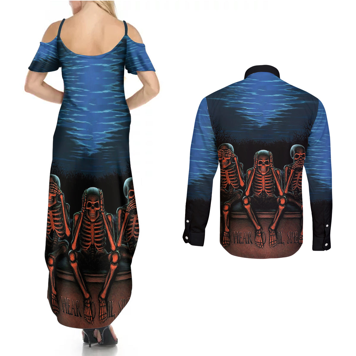 Skull Couples Matching Summer Maxi Dress and Long Sleeve Button Shirts Three Skeleton No See No Speak No Hear - Wonder Print Shop