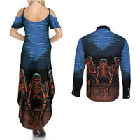 Skull Couples Matching Summer Maxi Dress and Long Sleeve Button Shirts Three Skeleton No See No Speak No Hear - Wonder Print Shop