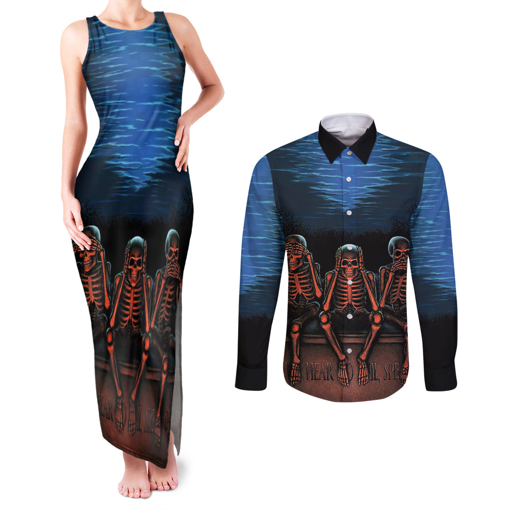 Skull Couples Matching Tank Maxi Dress and Long Sleeve Button Shirts Three Skeleton No See No Speak No Hear - Wonder Print Shop