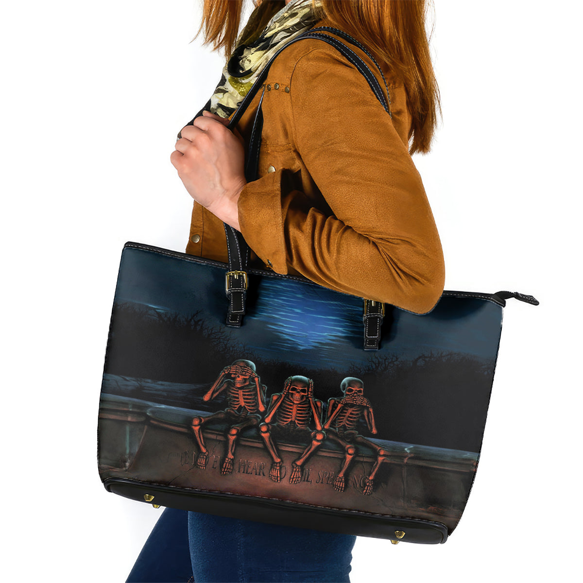 Skull Leather Tote Bag Three Skeleton No See No Speak No Hear - Wonder Print Shop