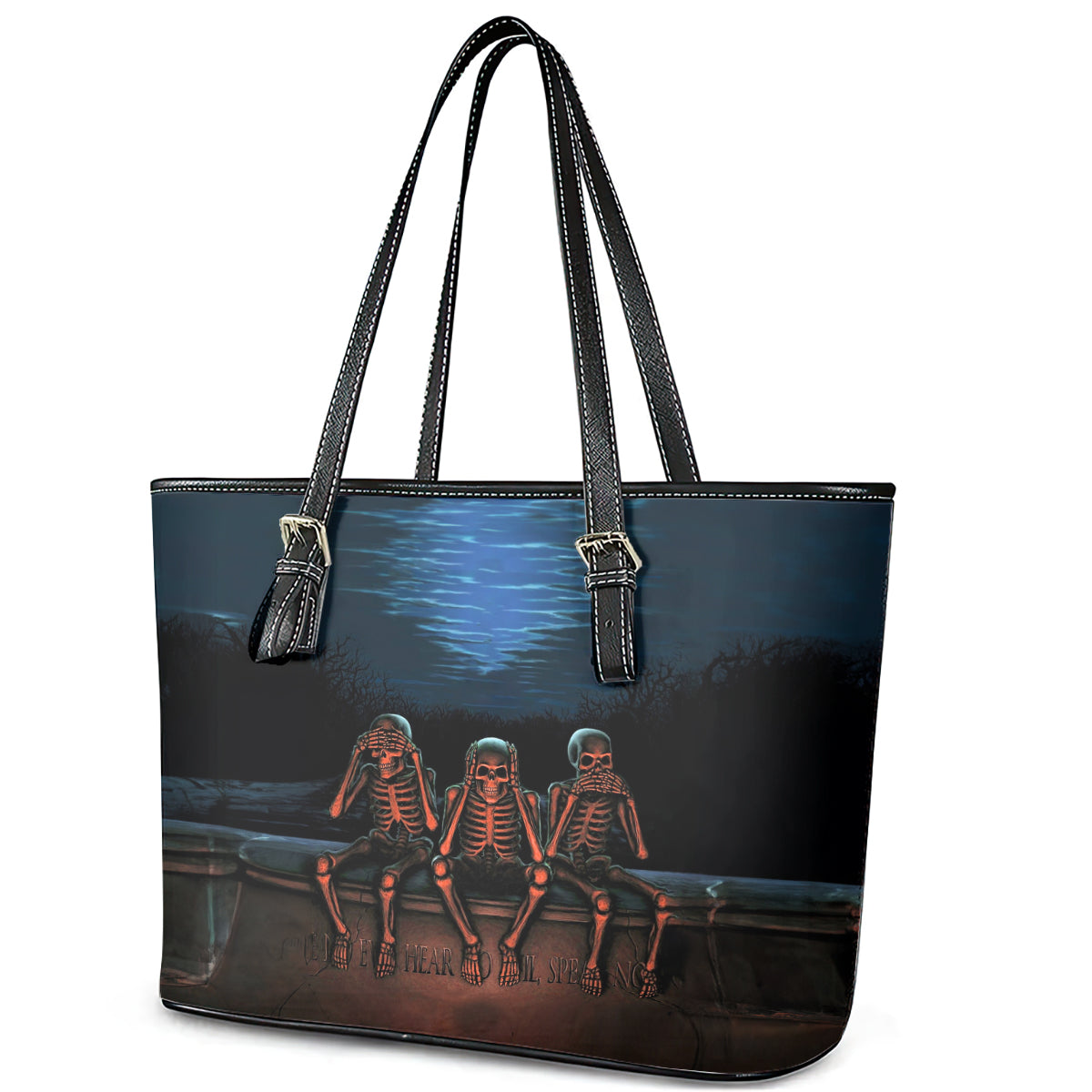 Skull Leather Tote Bag Three Skeleton No See No Speak No Hear - Wonder Print Shop