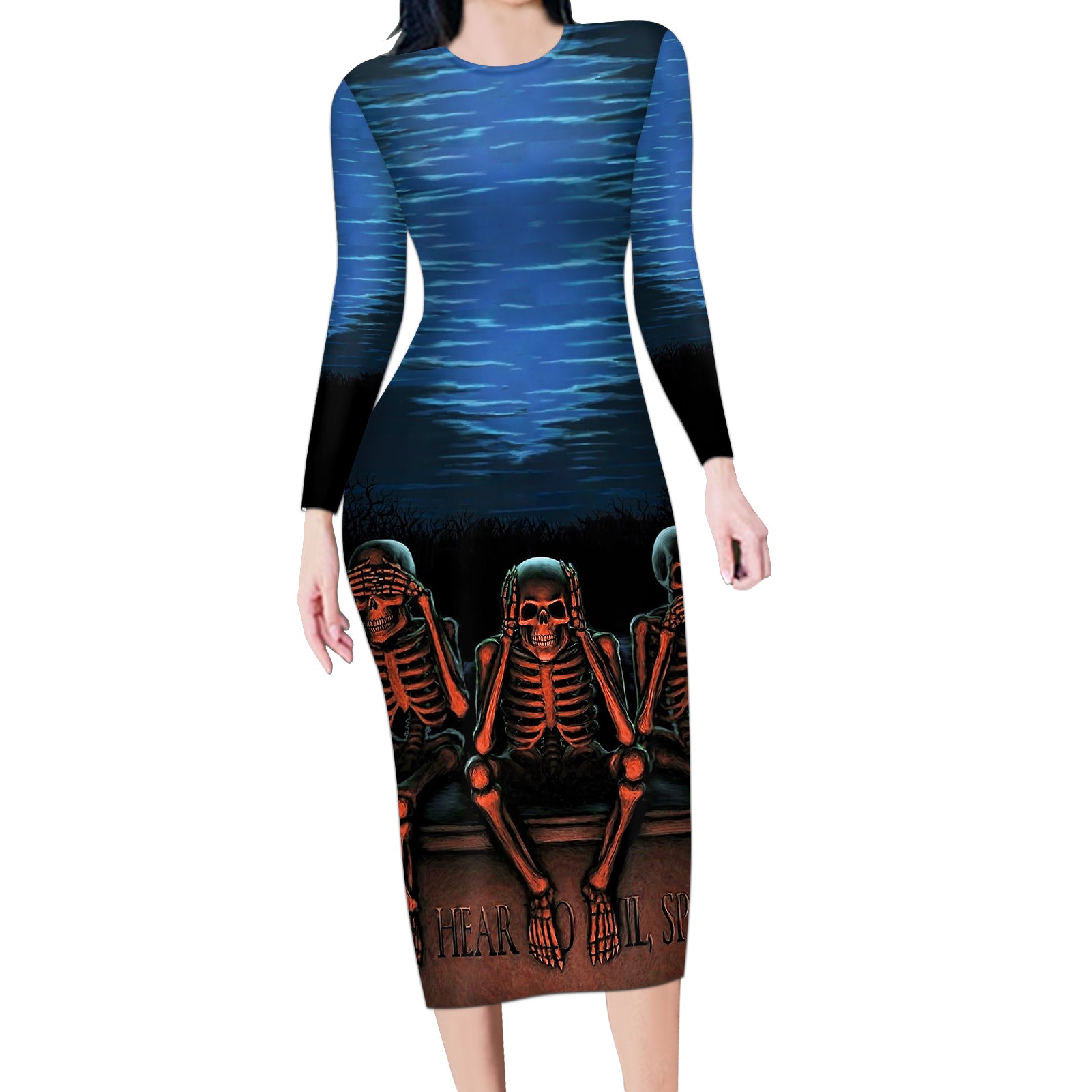 Skull Long Sleeve Bodycon Dress Three Skeleton No See No Speak No Hear - Wonder Print Shop