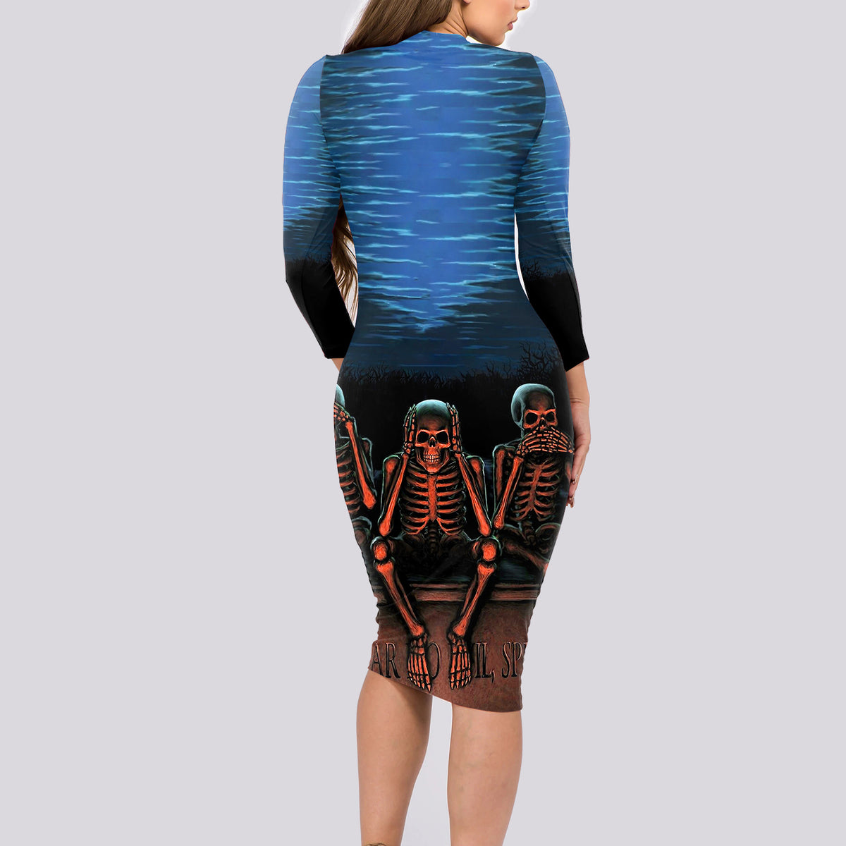 Skull Long Sleeve Bodycon Dress Three Skeleton No See No Speak No Hear - Wonder Print Shop