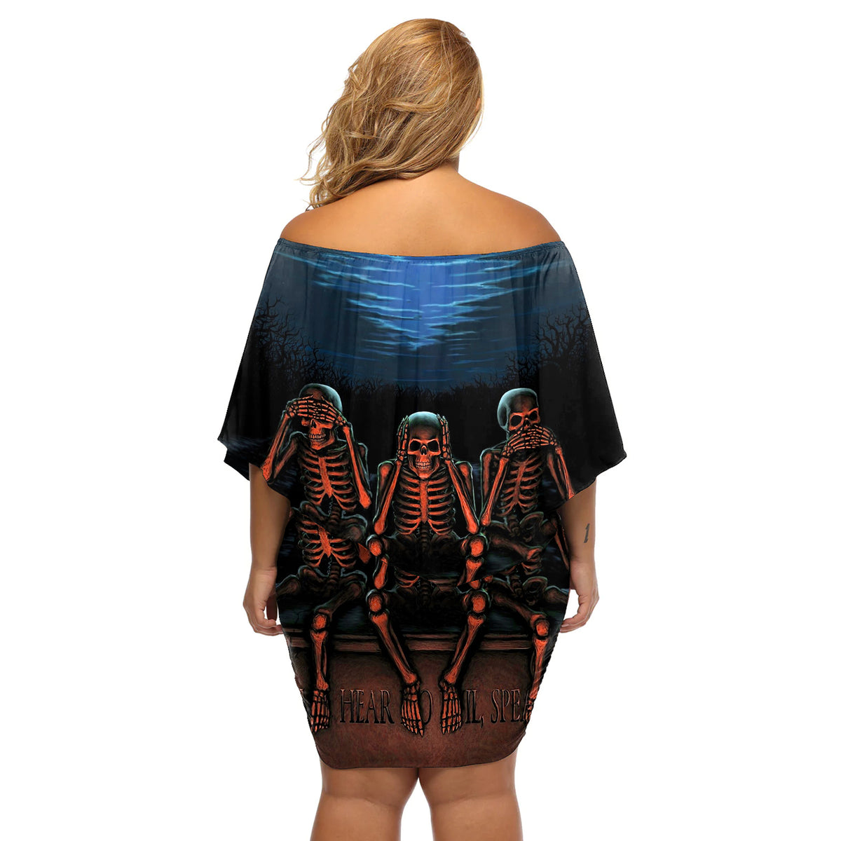 Skull Off Shoulder Short Dress Three Skeleton No See No Speak No Hear - Wonder Print Shop