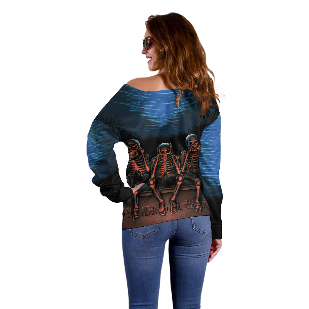Skull Off Shoulder Sweater Three Skeleton No See No Speak No Hear - Wonder Print Shop
