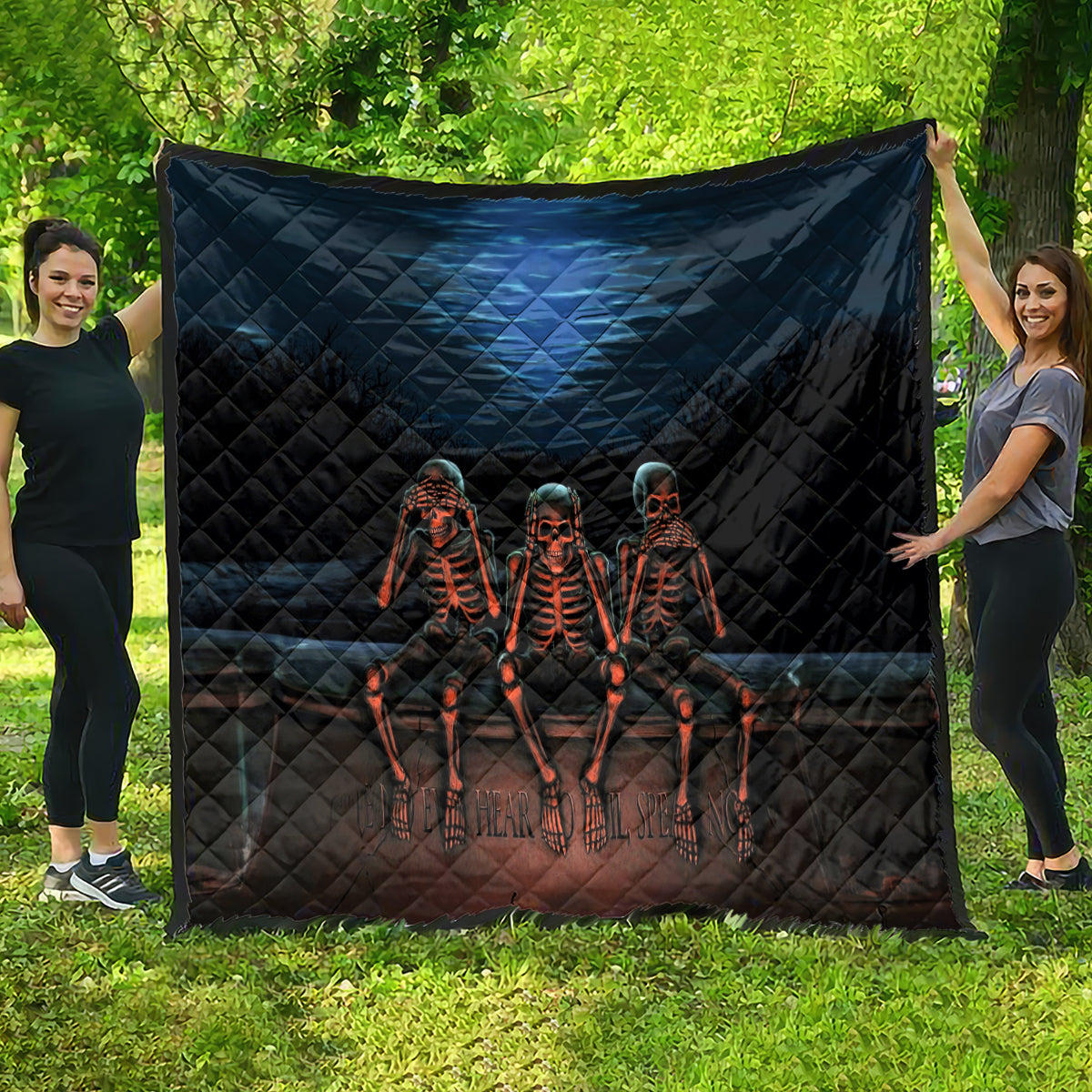 Skull Quilt Three Skeleton No See No Speak No Hear - Wonder Print Shop