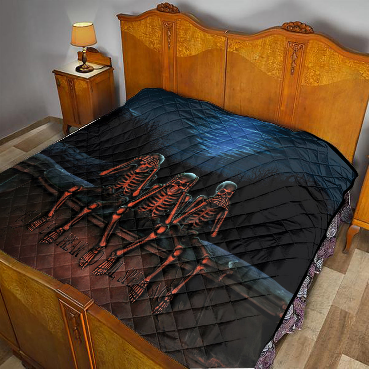 Skull Quilt Three Skeleton No See No Speak No Hear - Wonder Print Shop