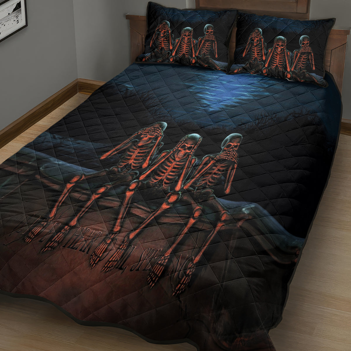 Skull Quilt Bed Set Three Skeleton No See No Speak No Hear - Wonder Print Shop