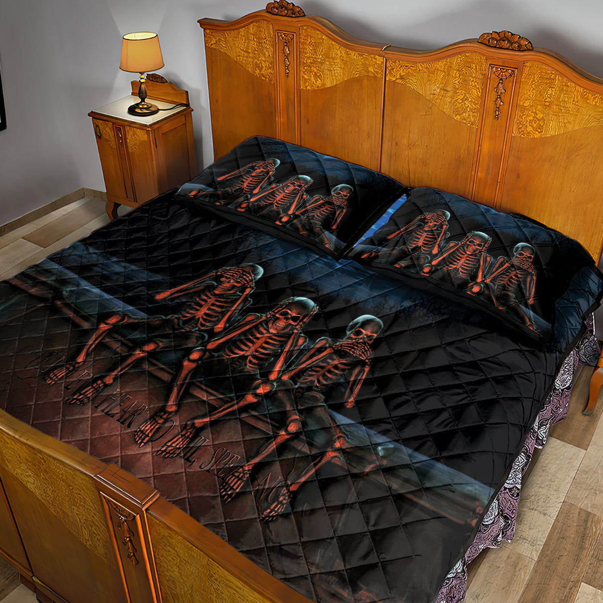 Skull Quilt Bed Set Three Skeleton No See No Speak No Hear - Wonder Print Shop