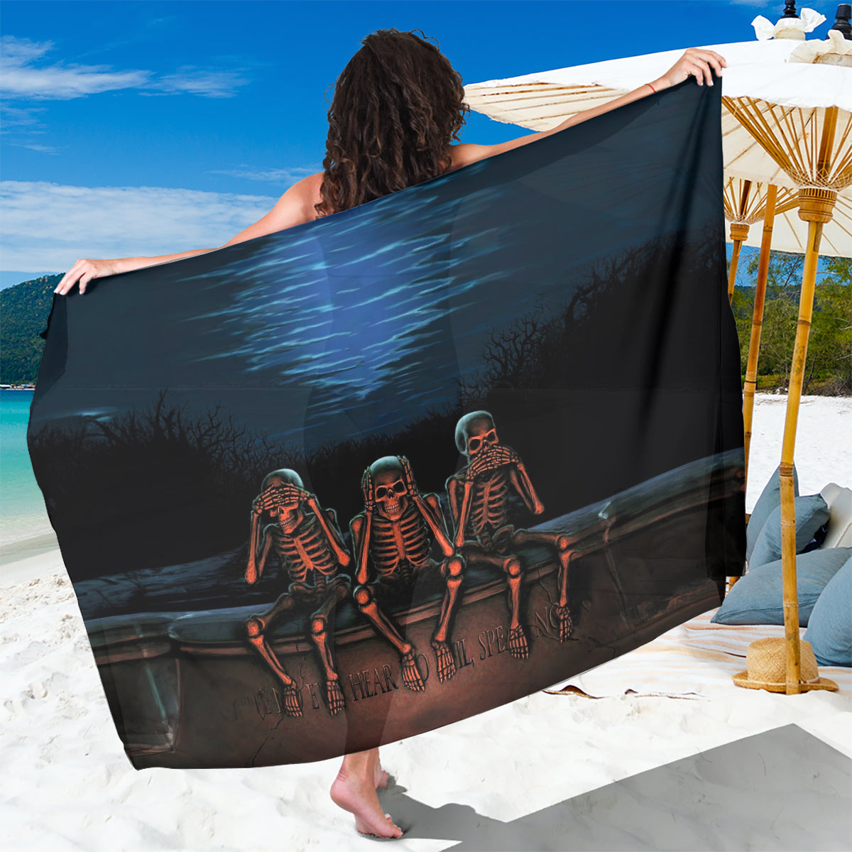 Skull Sarong Three Skeleton No See No Speak No Hear - Wonder Print Shop