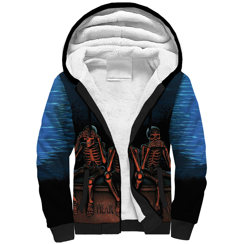 Skull Sherpa Hoodie Three Skeleton No See No Speak No Hear - Wonder Print Shop