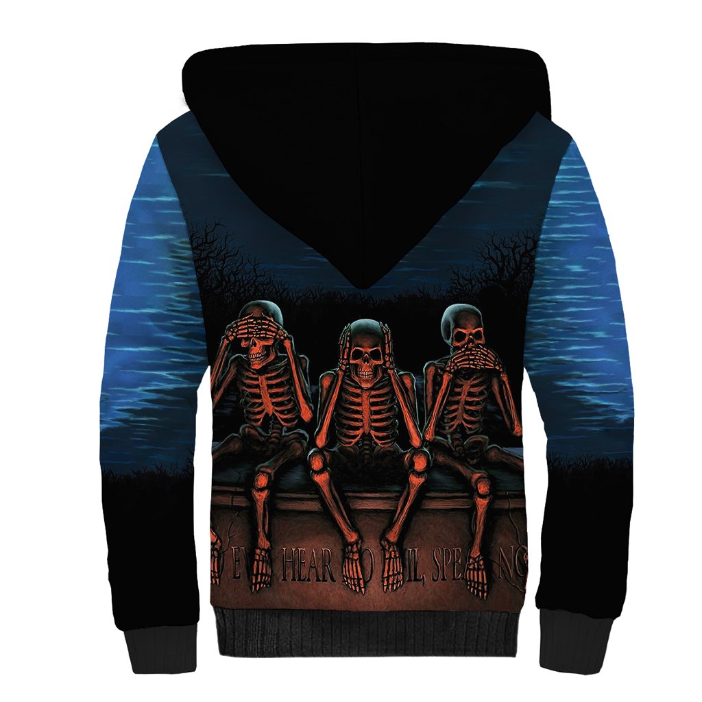 Skull Sherpa Hoodie Three Skeleton No See No Speak No Hear - Wonder Print Shop