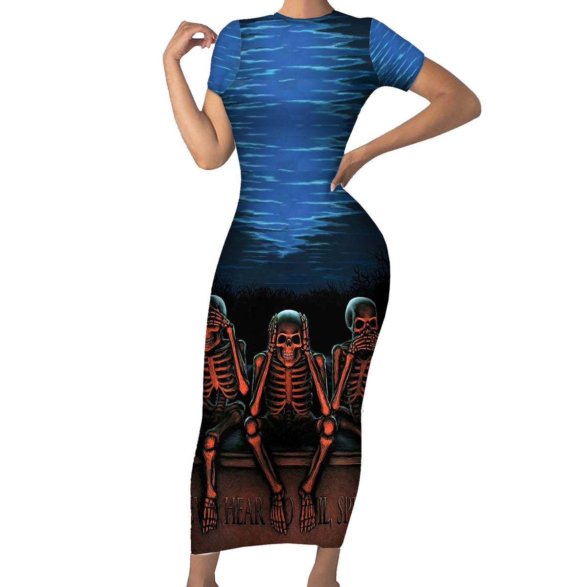 Skull Short Sleeve Bodycon Dress Three Skeleton No See No Speak No Hear - Wonder Print Shop