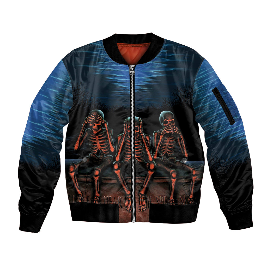 Skull Sleeve Zip Bomber Jacket Three Skeleton No See No Speak No Hear - Wonder Print Shop