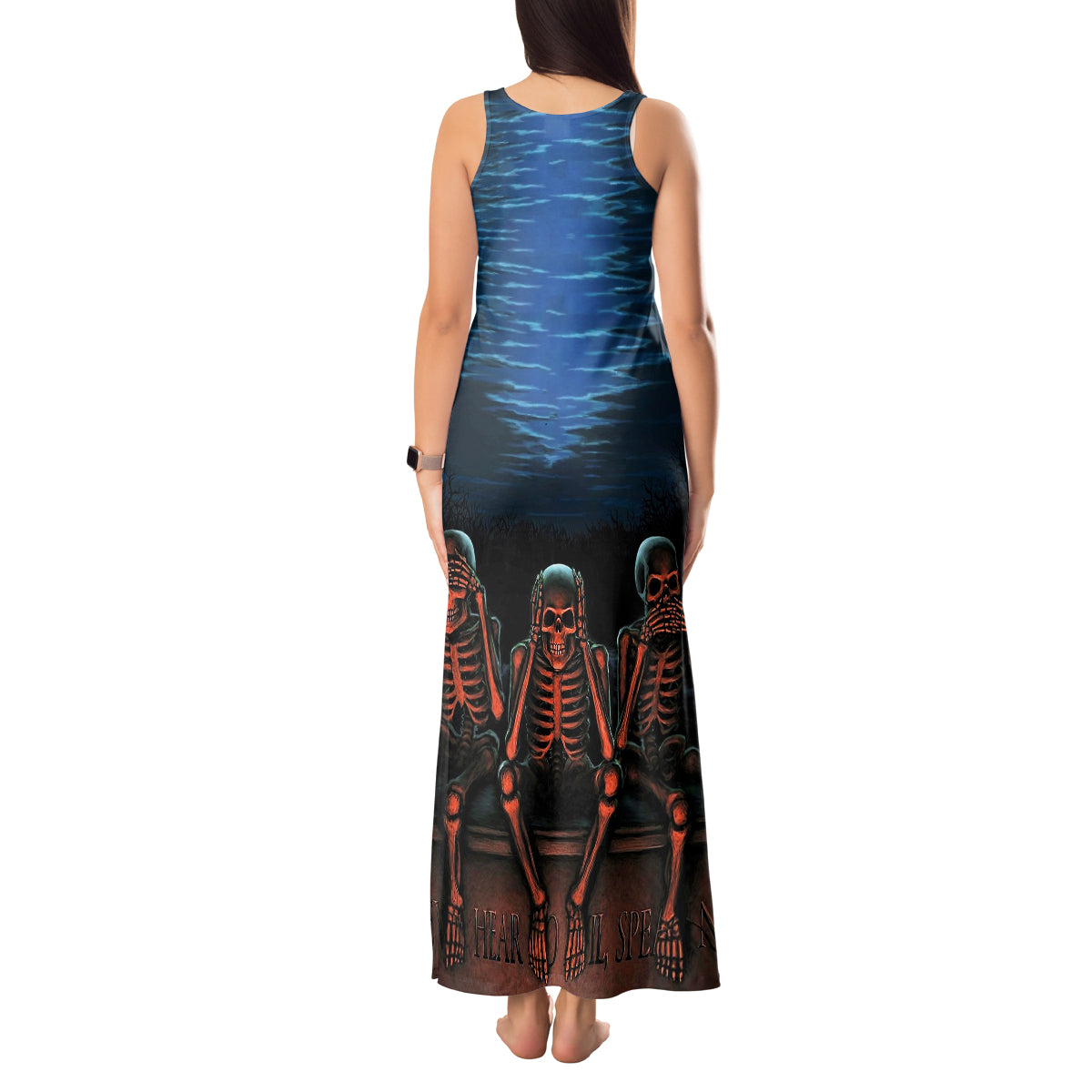 Skull Tank Maxi Dress Three Skeleton No See No Speak No Hear - Wonder Print Shop