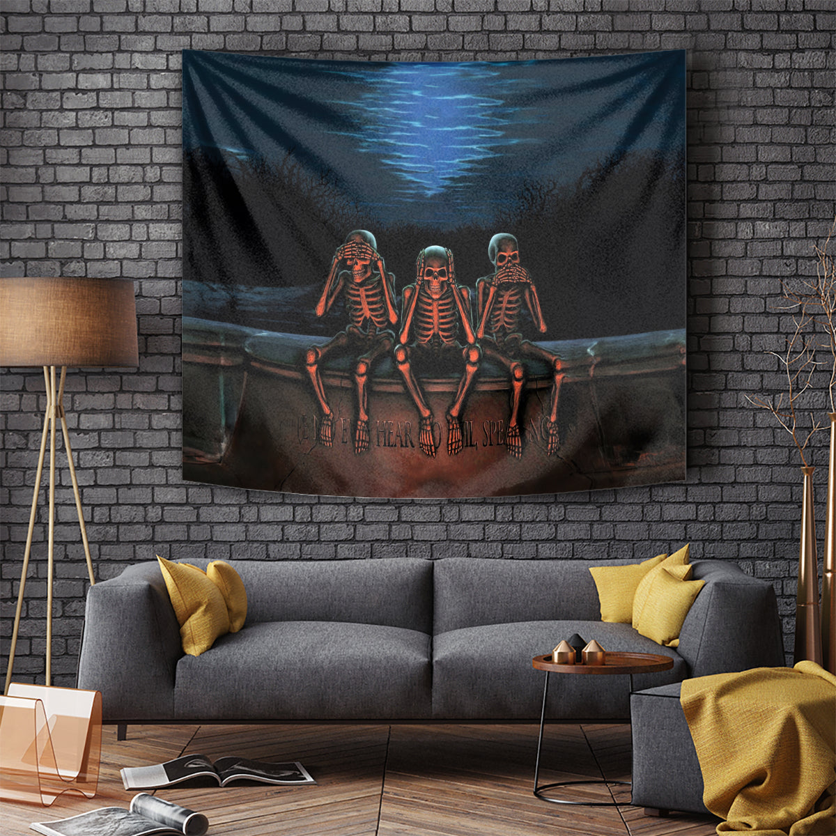 Skull Tapestry Three Skeleton No See No Speak No Hear - Wonder Print Shop