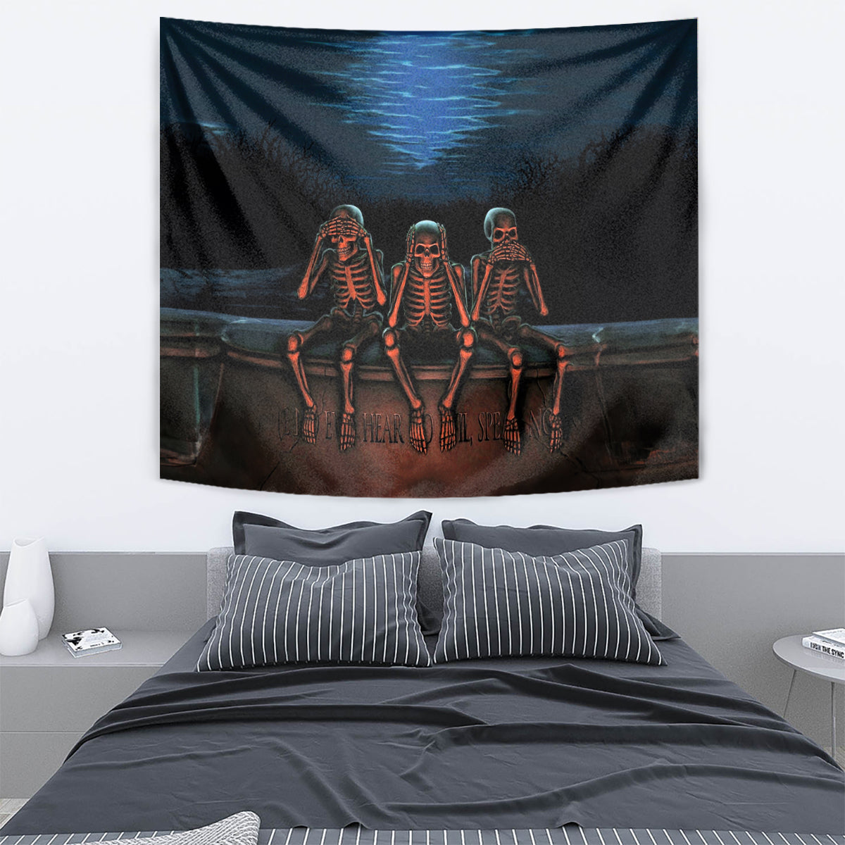 Skull Tapestry Three Skeleton No See No Speak No Hear - Wonder Print Shop