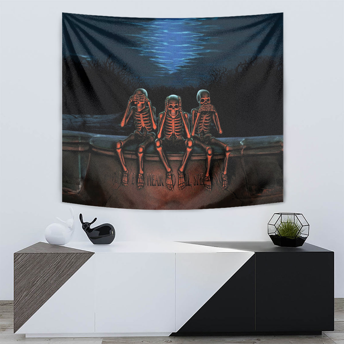 Skull Tapestry Three Skeleton No See No Speak No Hear - Wonder Print Shop