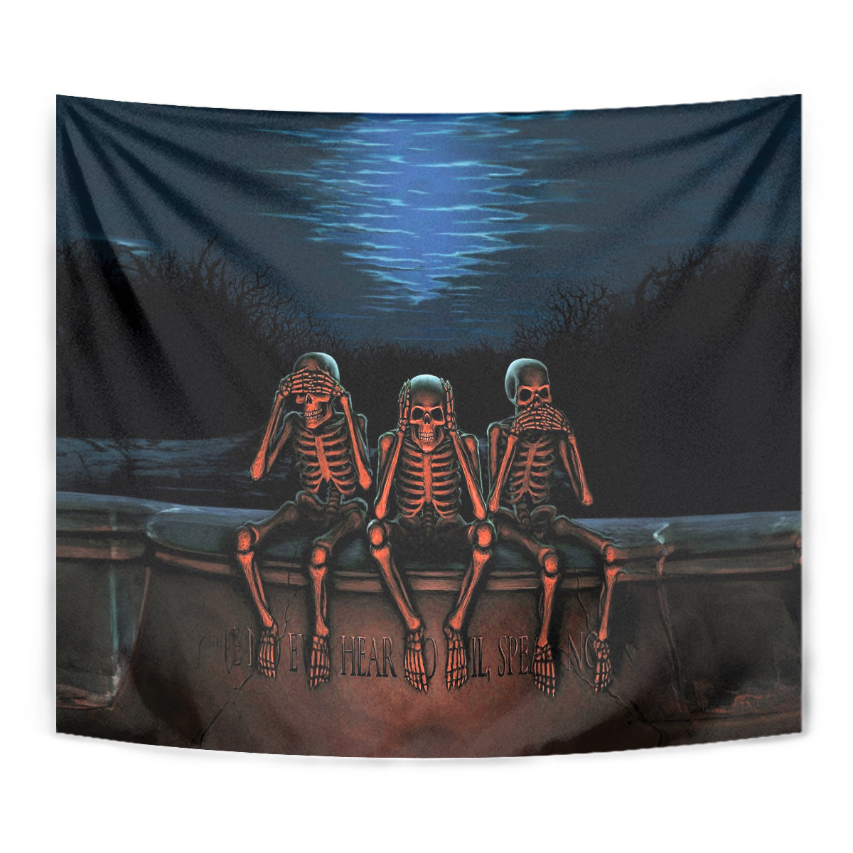 Skull Tapestry Three Skeleton No See No Speak No Hear - Wonder Print Shop