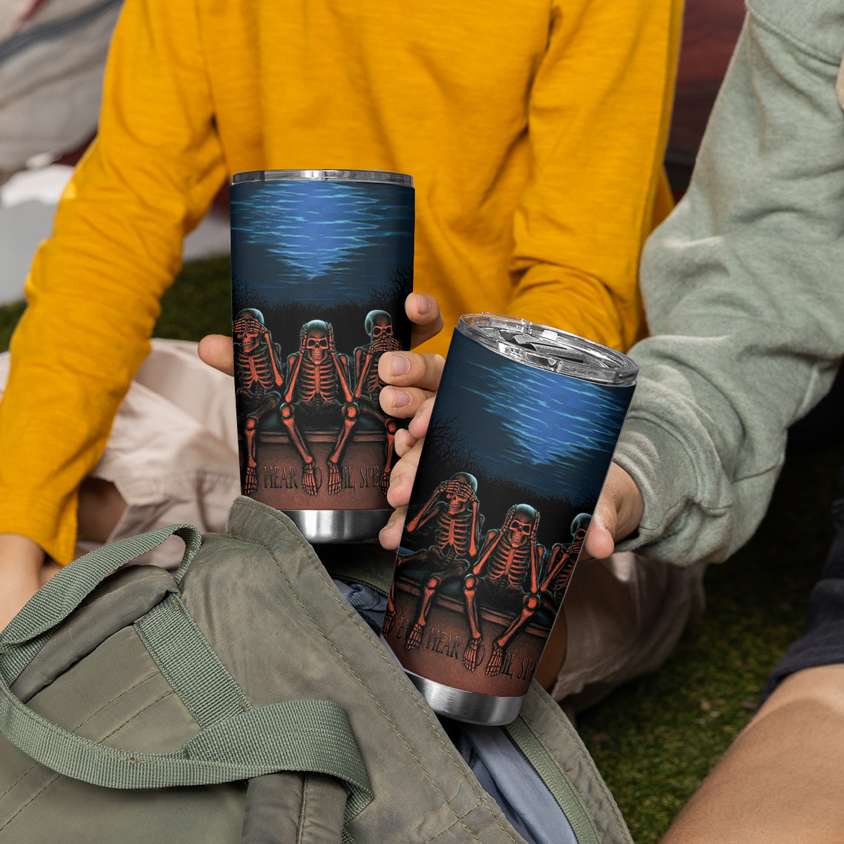 Skull Tumbler Cup Three Skeleton No See No Speak No Hear - Wonder Print Shop