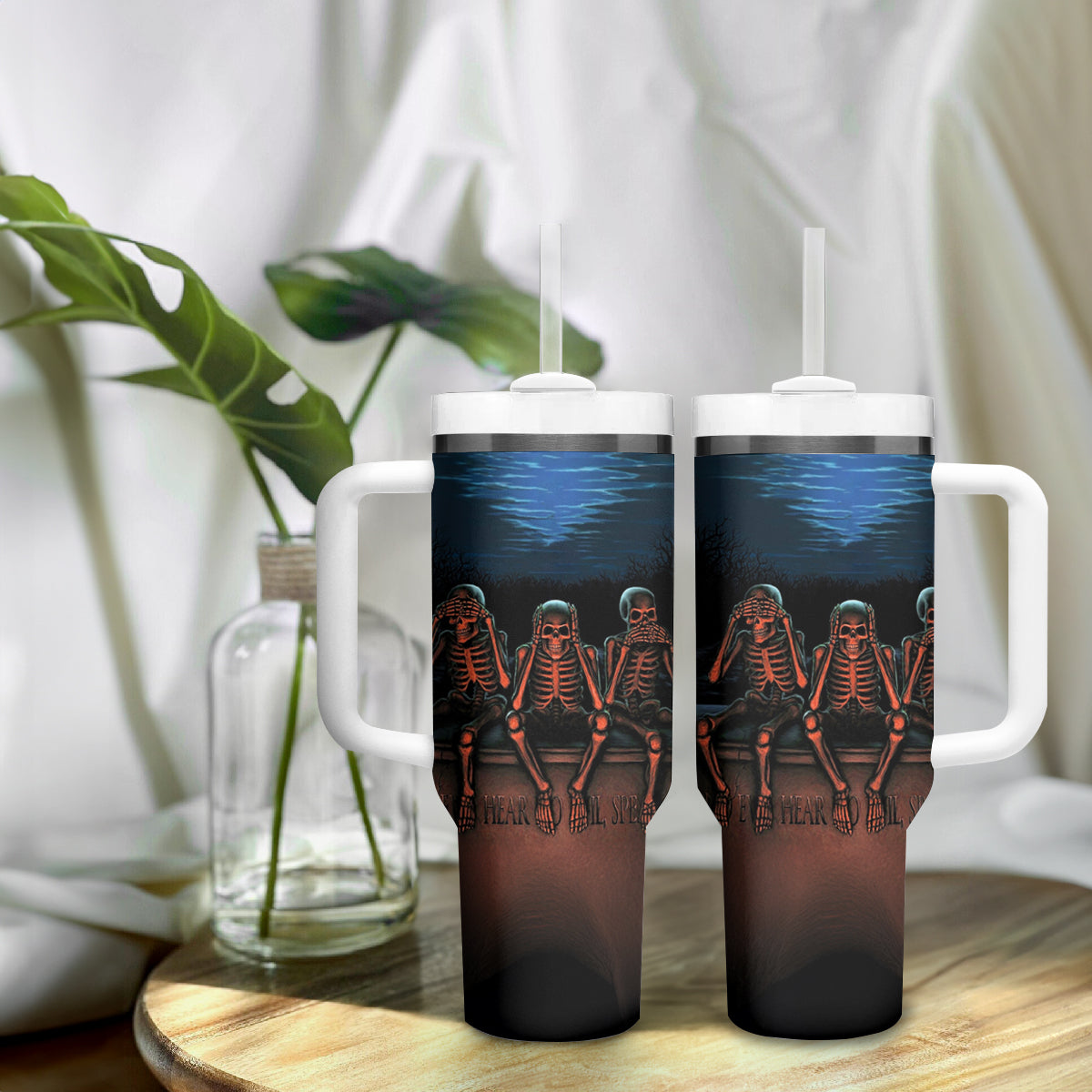 Skull Tumbler With Handle Three Skeleton No See No Speak No Hear - Wonder Print Shop