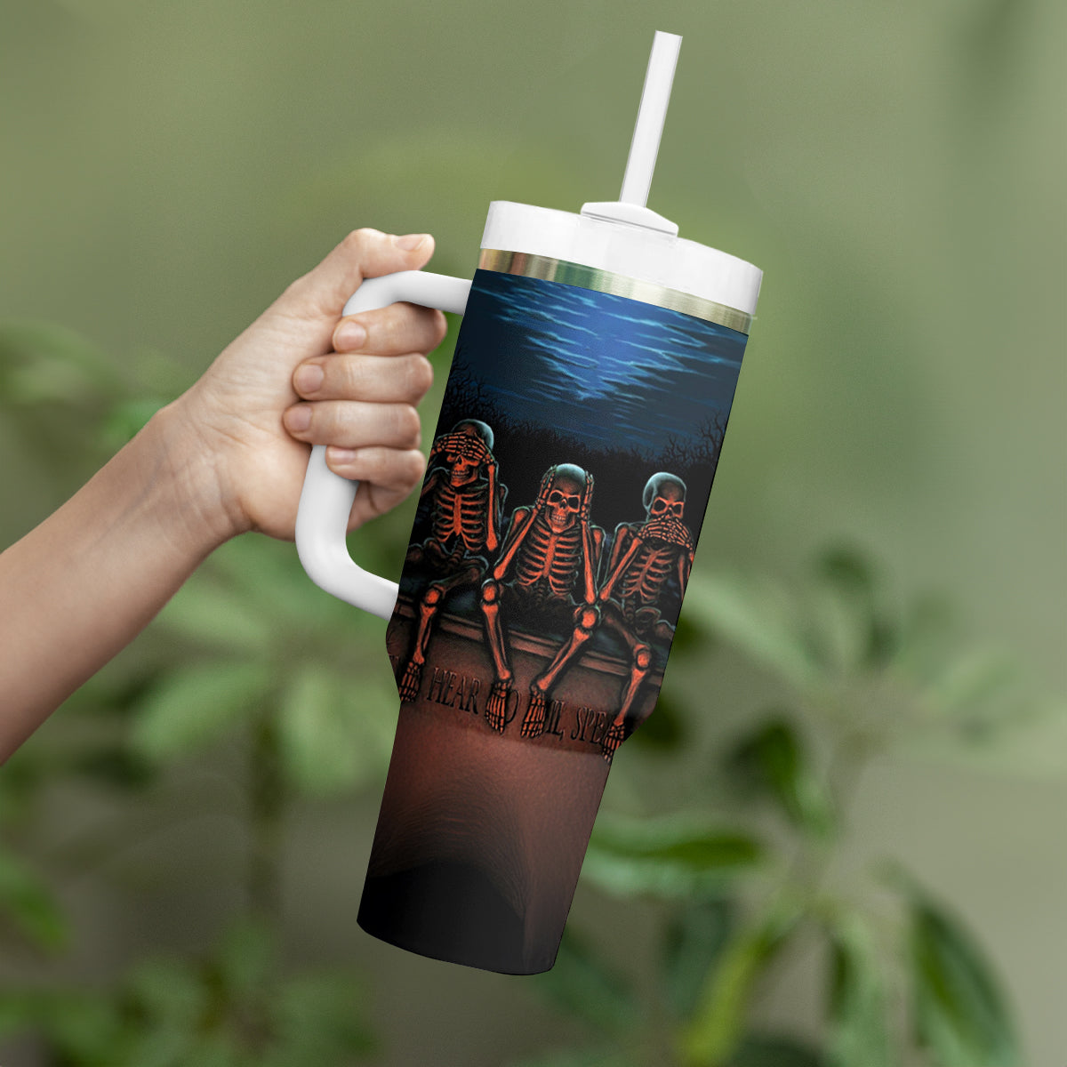 Skull Tumbler With Handle Three Skeleton No See No Speak No Hear - Wonder Print Shop