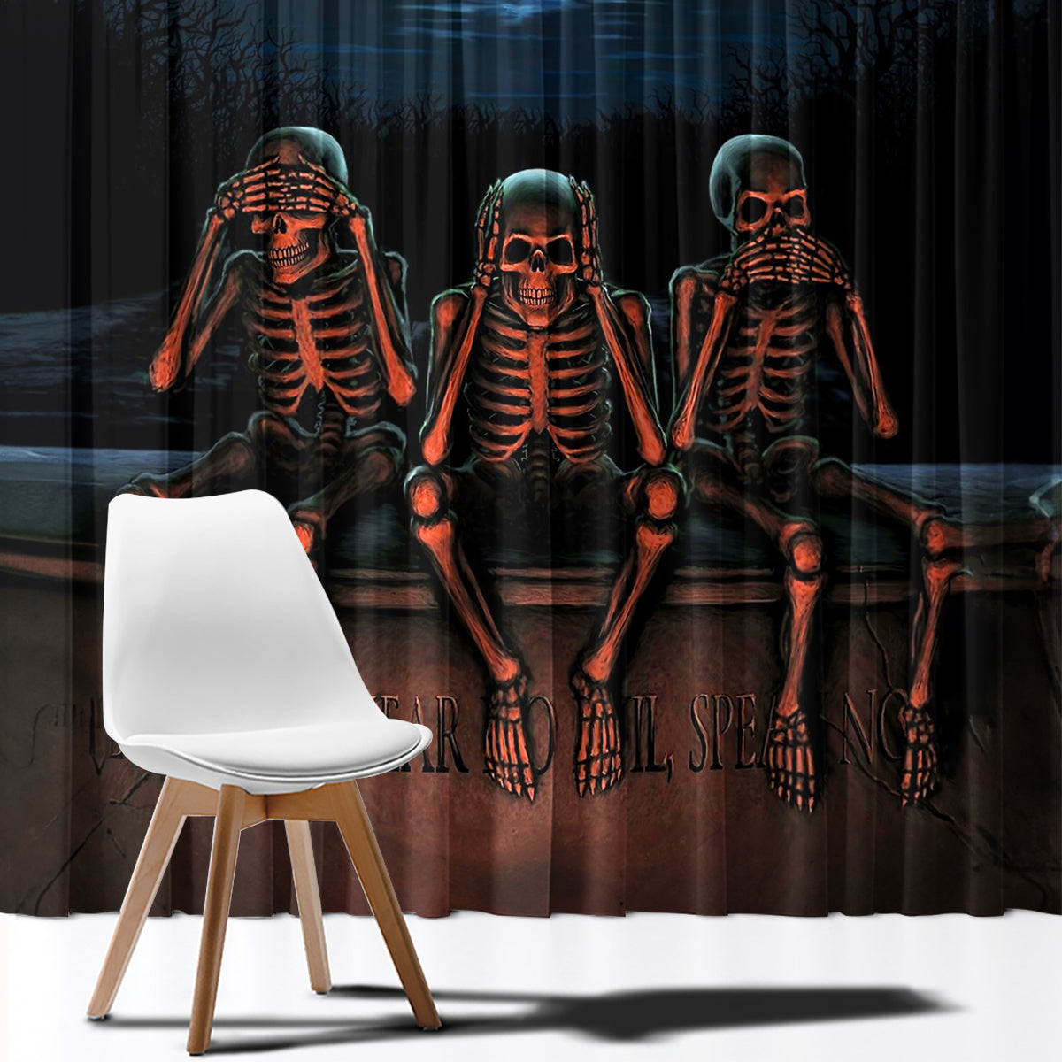 Skull Window Curtain Three Skeleton No See No Speak No Hear - Wonder Print Shop