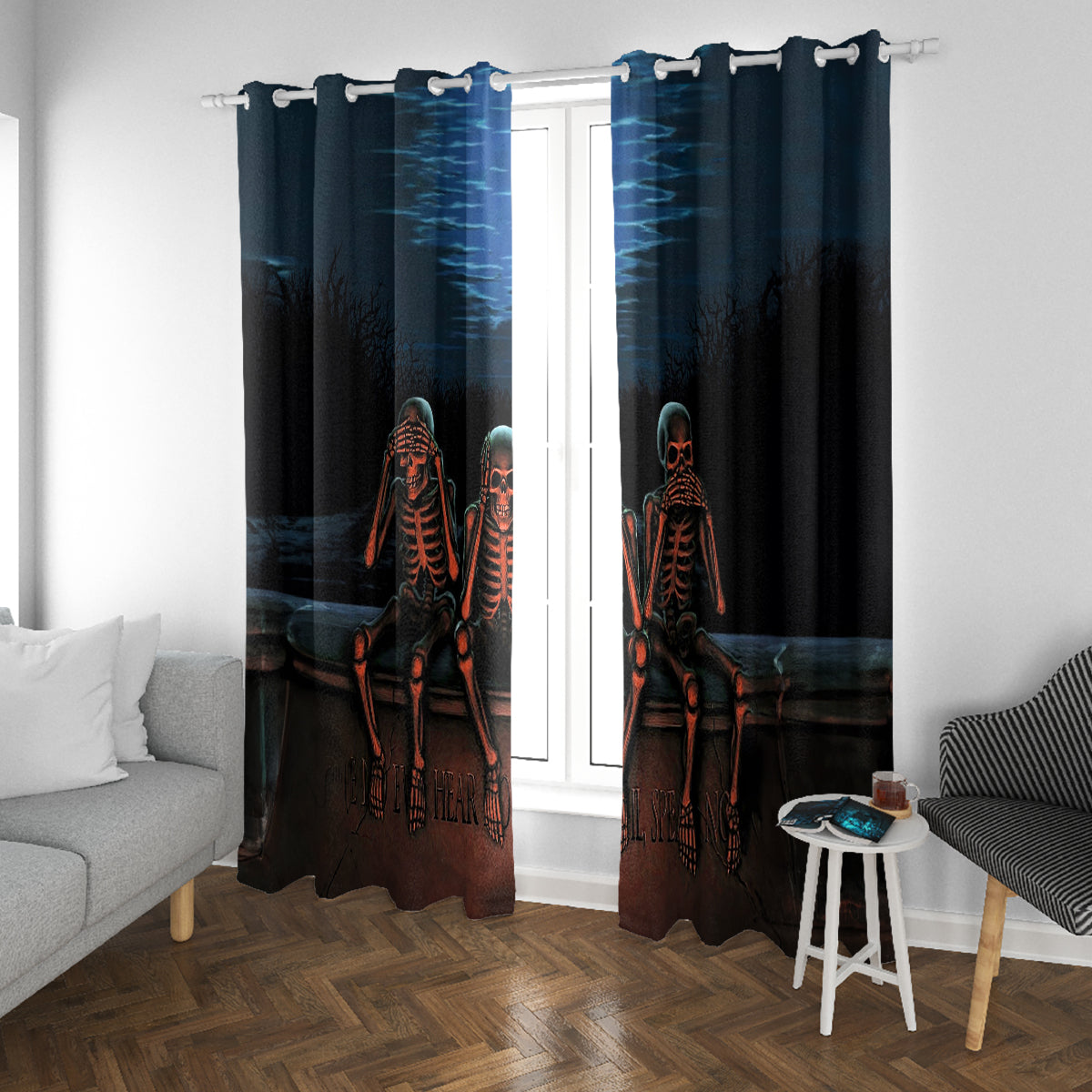 Skull Window Curtain Three Skeleton No See No Speak No Hear - Wonder Print Shop